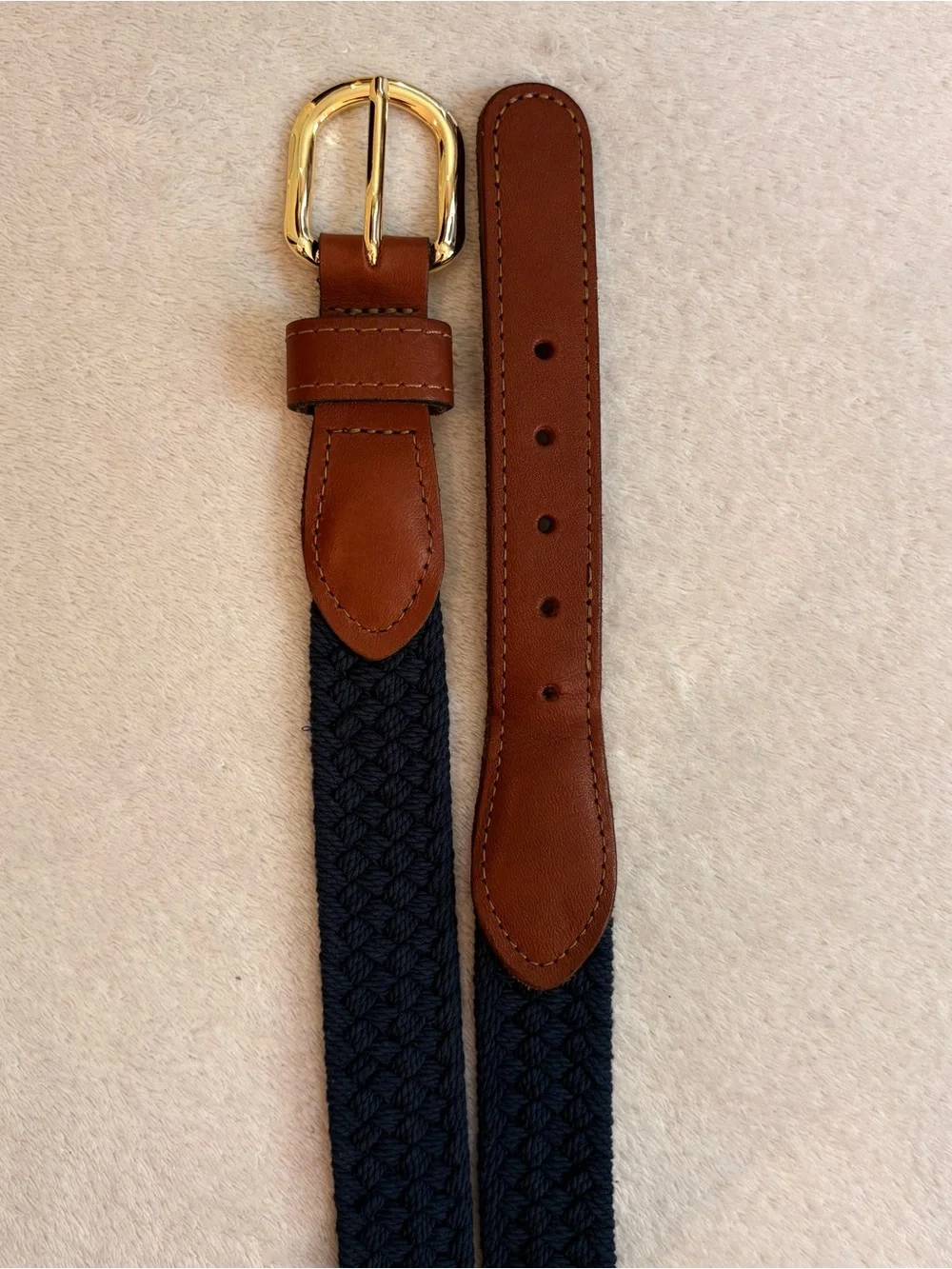 Classic Braided Navy Strap & Brown Leather Men’s Belt Solid Brass Buckle Sz 38